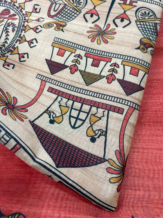 Beige tussar silk saree