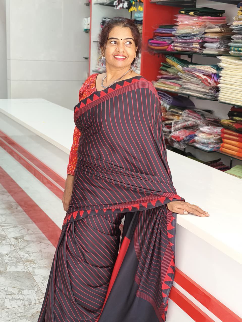 Crepe Silk Saree Red and Black