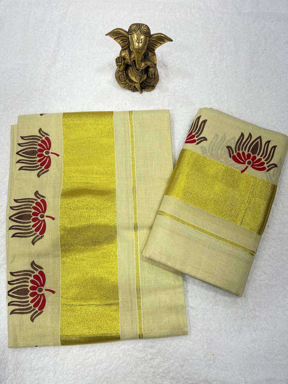 Tissue Set Mund with Lotus Design and Kasav Border – Kerala Traditional Elegance