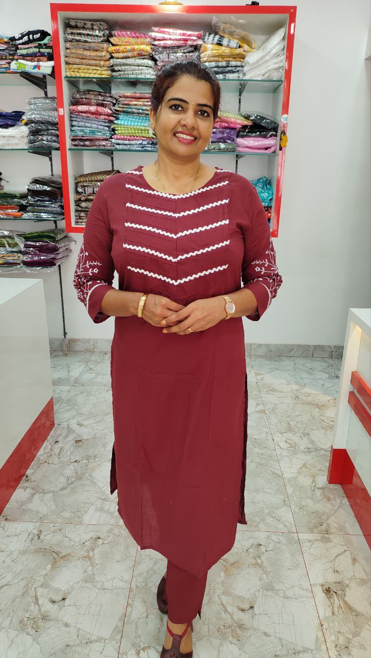 Buy Online Maroon Cotton 60x60 Kurthi Set with Embroidery Works