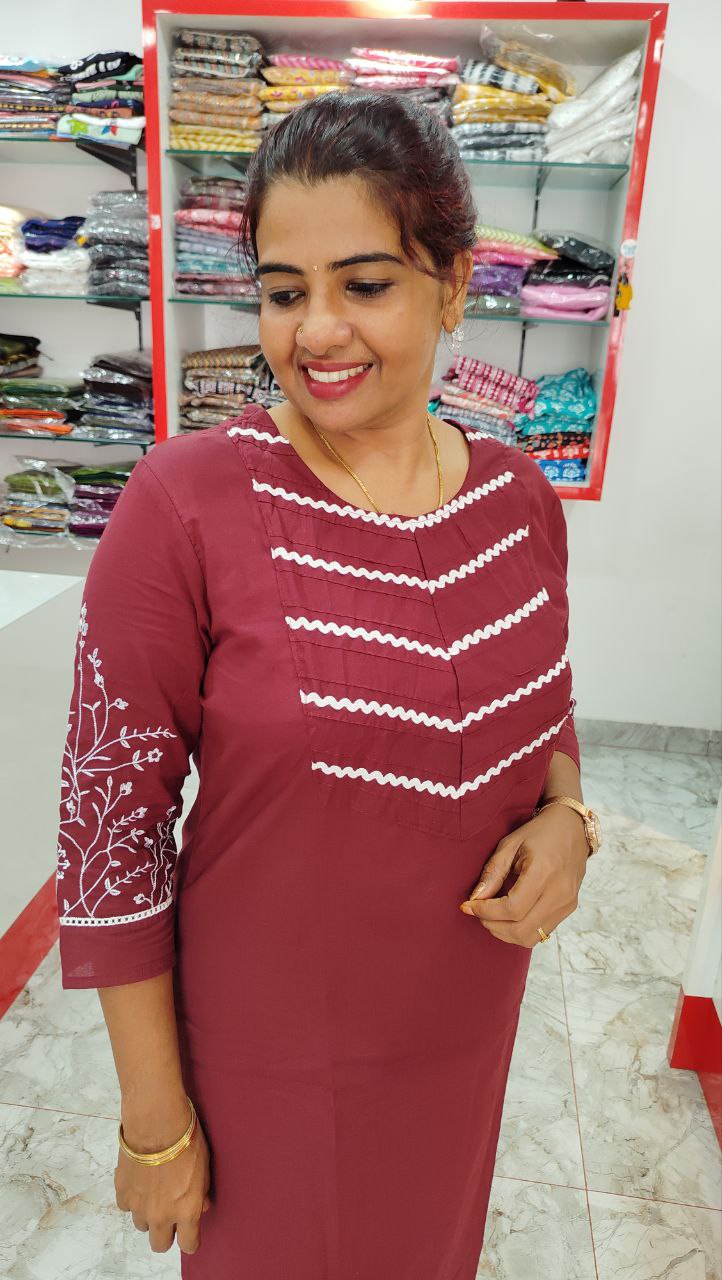 Buy Online Maroon Cotton 60x60 Kurthi Set with Embroidery Works