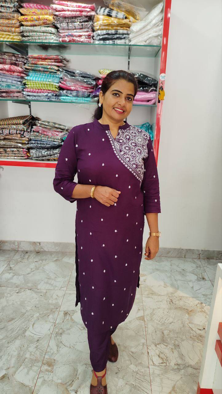 Wine Red Rayon Kurthi Set with Embroidery Buy Online