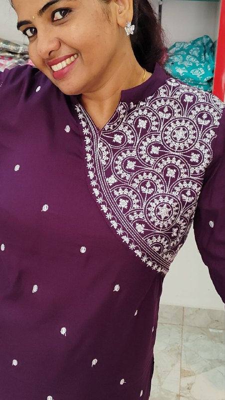 Wine Red Rayon Kurthi Set with Embroidery Buy Online