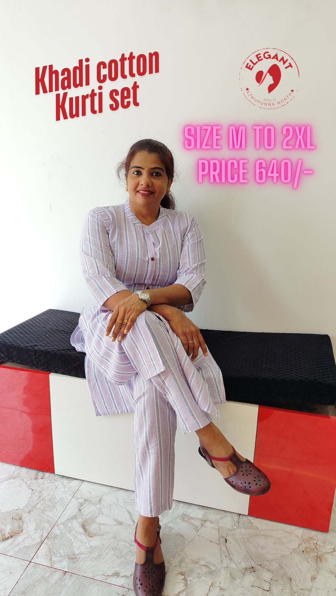 Woman wearing elegant khadi cotton kurthi set sitting on a bench, showcasing comfort and style in sizes M to 2XL, priced at 640/-