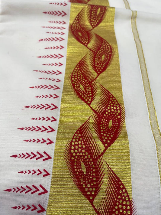 Close-up of a fabric with red and gold patterns on a white background