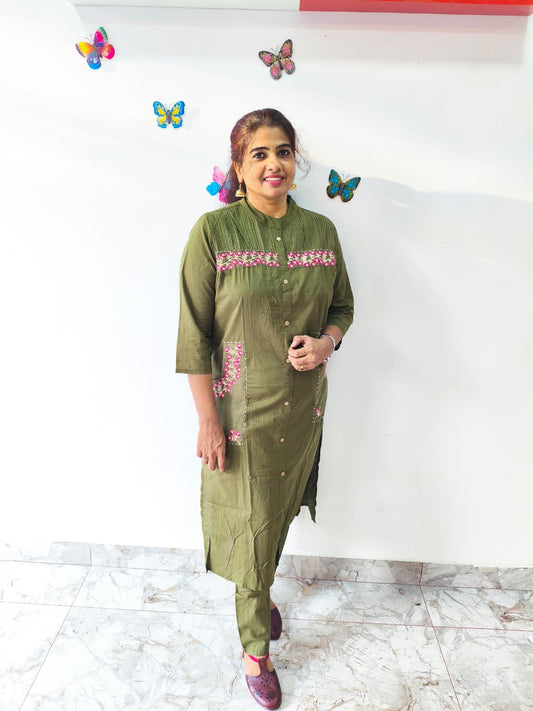 Affordable Green Cord Set,cotton with Embroidery