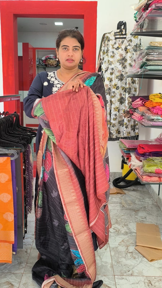 Leaf design Semi Silk Saree with digital painting