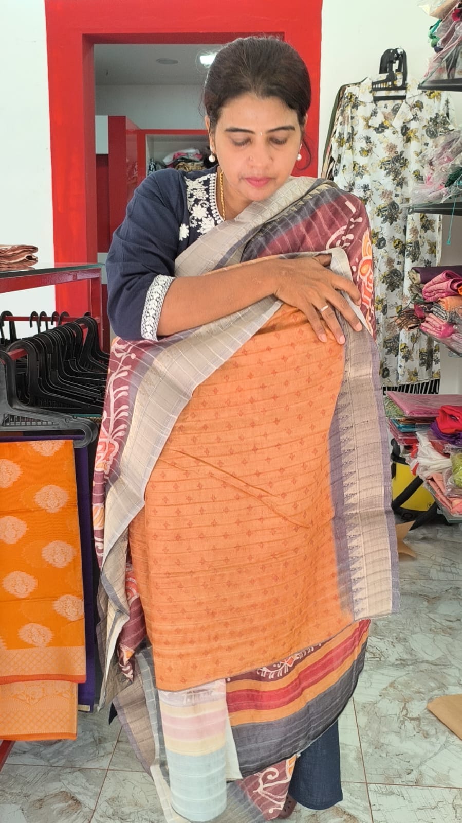 Brown Semi Silk Saree with digital painting