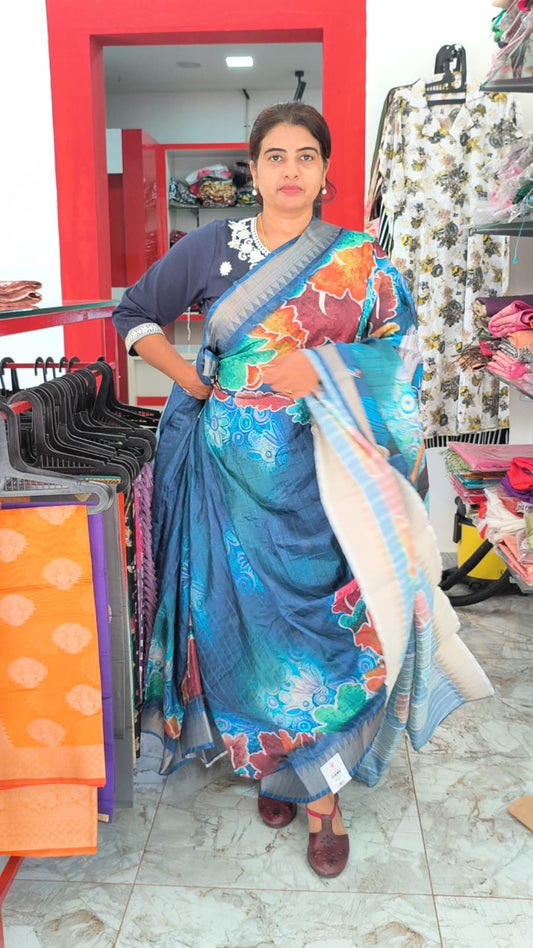 Blue Semi Silk Saree with digital painting