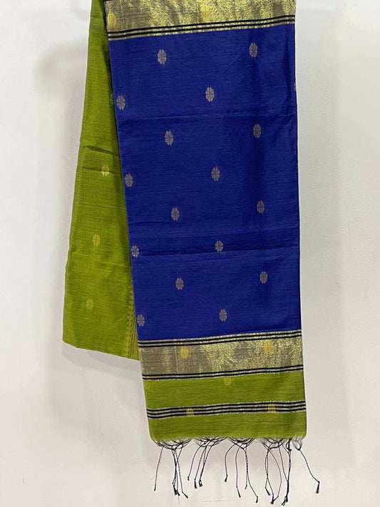 Green and blue saree with gold border on a white background