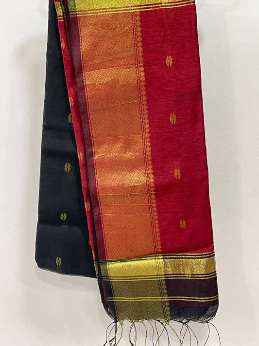 Black and red saree with gold border on a white background