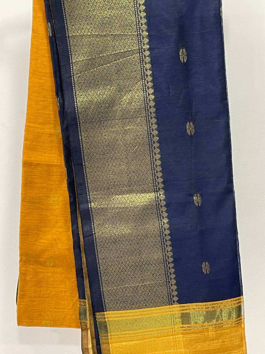 Traditional saree with a yellow and blue border on a white background