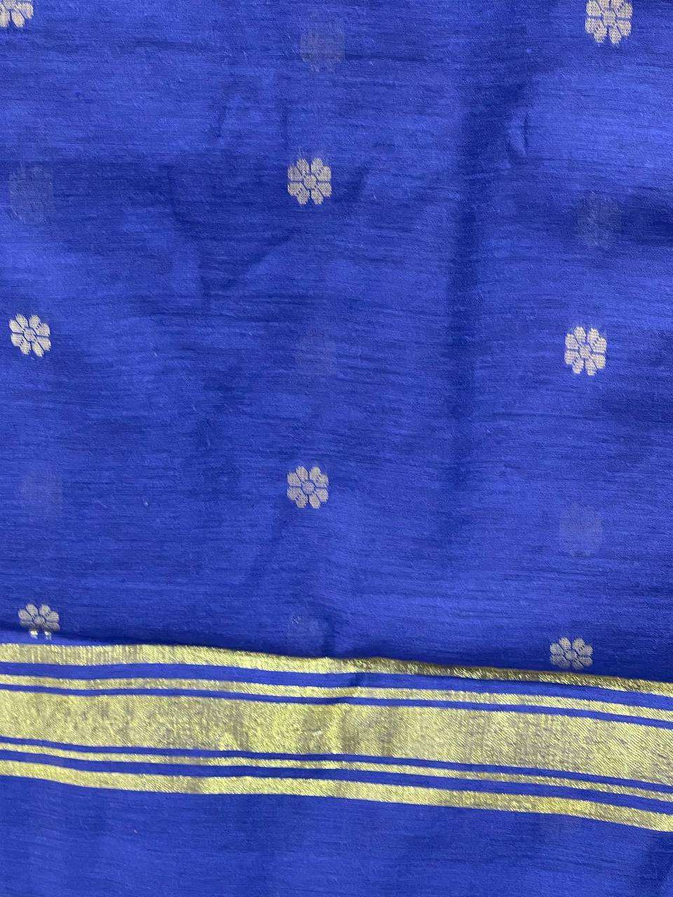 Blue fabric with white floral patterns and a gold border
