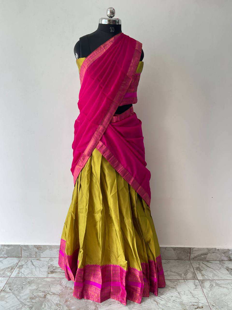 Mehendi green and magenta dhavani set