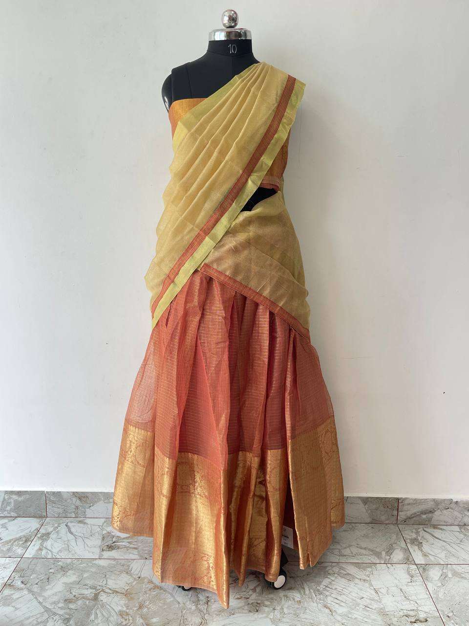 Tissue dhavani set with maroon skirt