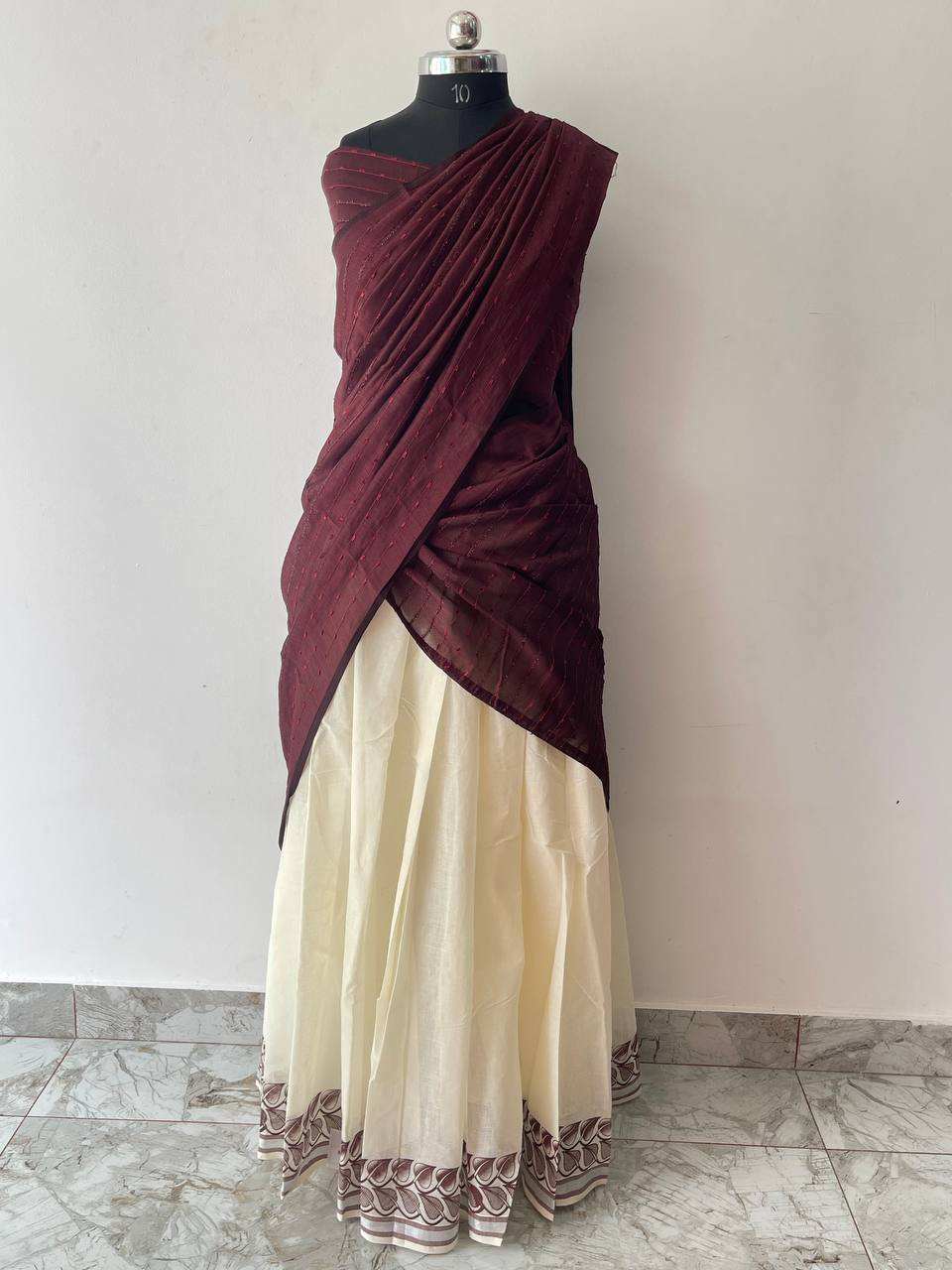 Maroon dupatta and cream skirt dhavani set
