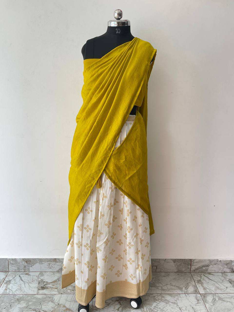 lime green and cream dhavani set