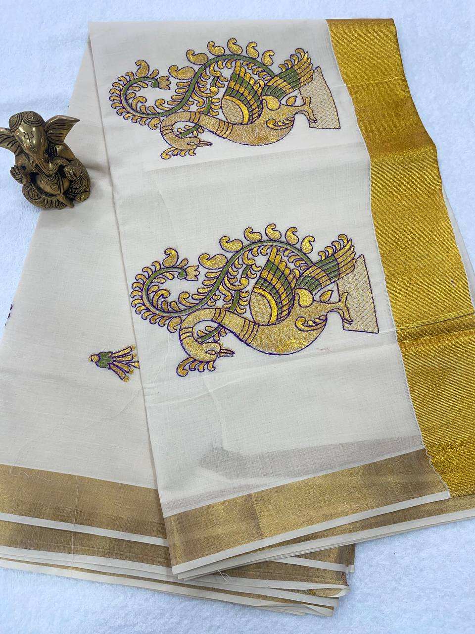 Cotton Set Saree with Golden with Green Peacock Designs and Gold Border