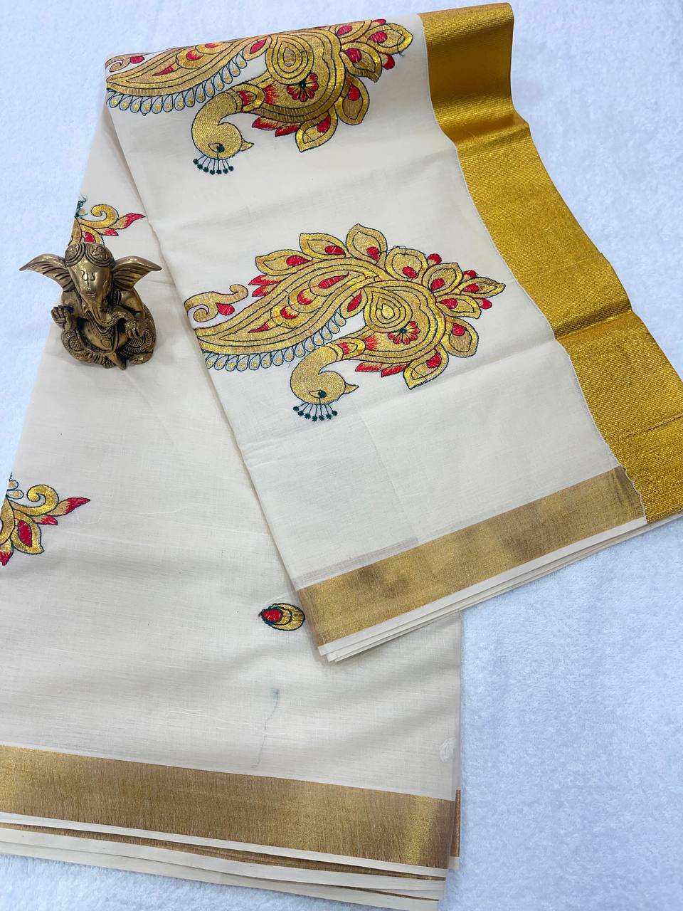 Set Saree with Red and Gold Peacock Embroidery