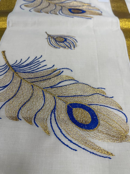 Set Saree | Cotton | Mayilpeeli Embroidery and Golden Zari Boarder