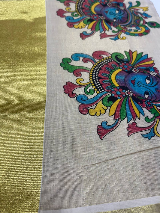 Set Saree | Tissue | Krishna painting and Golden Zari Boarder