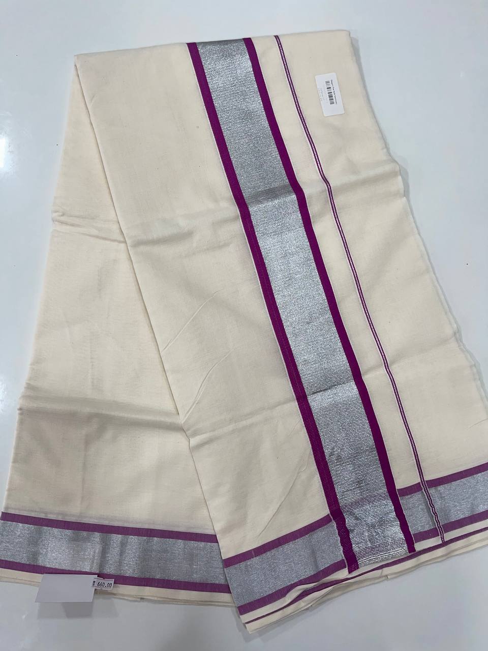 Set Saree | Cotton | Violet Colour-with Silver Zari Boarder