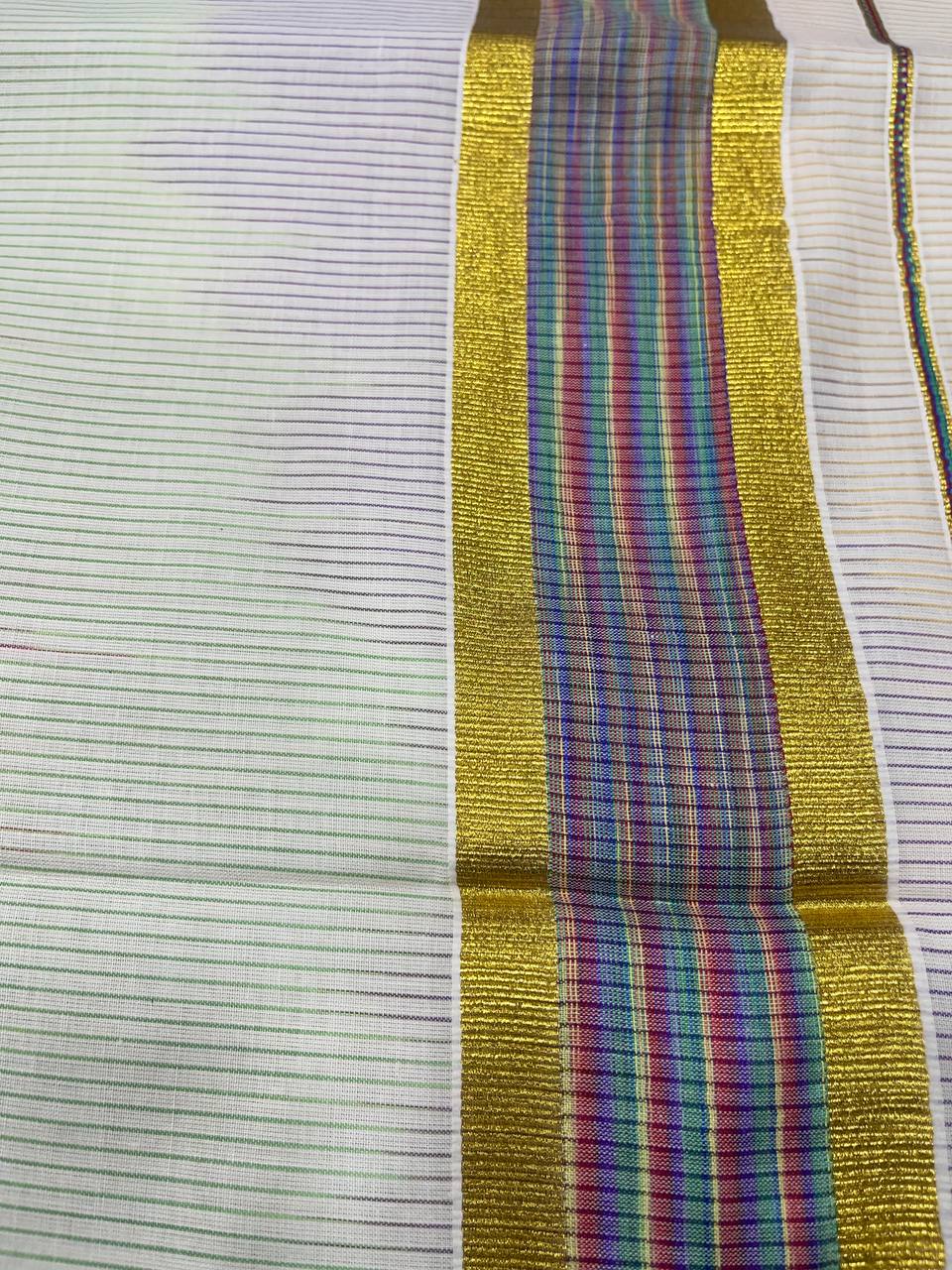 Set Saree | Cotton | Multi Colour-with Golden Zari Boarder