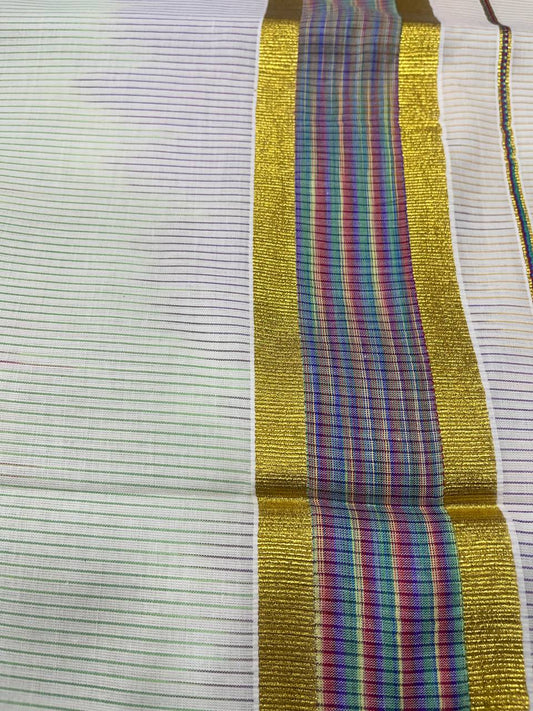 Set Saree | Cotton | Multi Colour-with Golden Zari Boarder