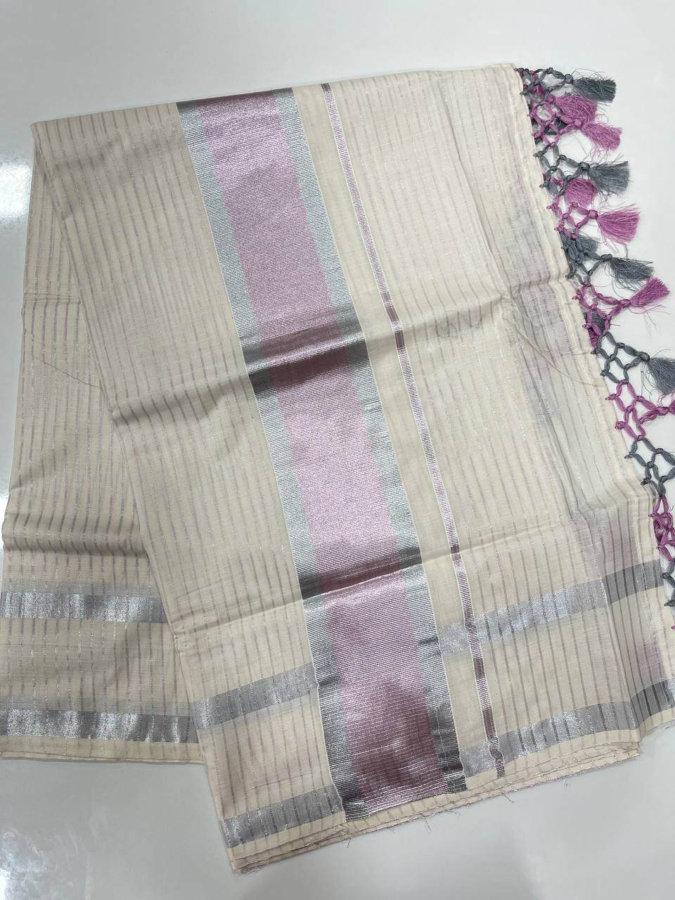 Set Saree | Cotton | Rose & Silver Zari Boarder