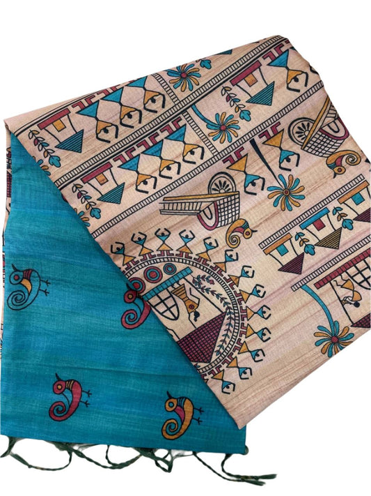 Colorful patterned tusser fabric with geometric designs on a white background