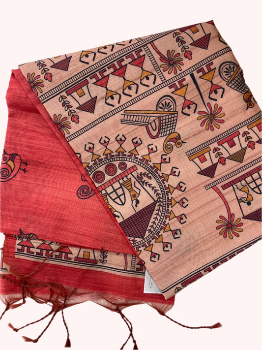 Beige tussar silk saree