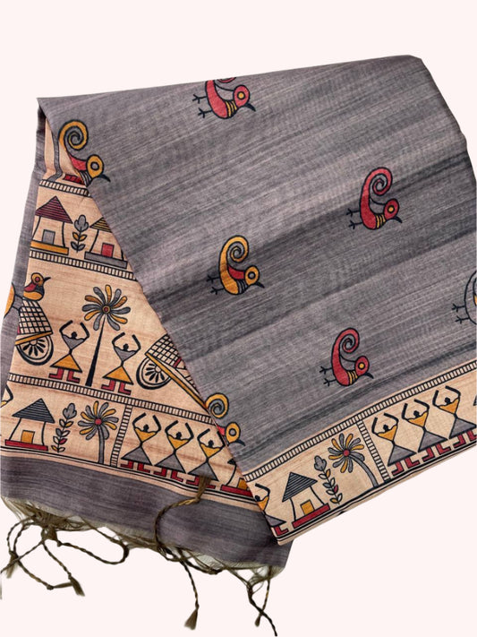 Gray tussar silk saree