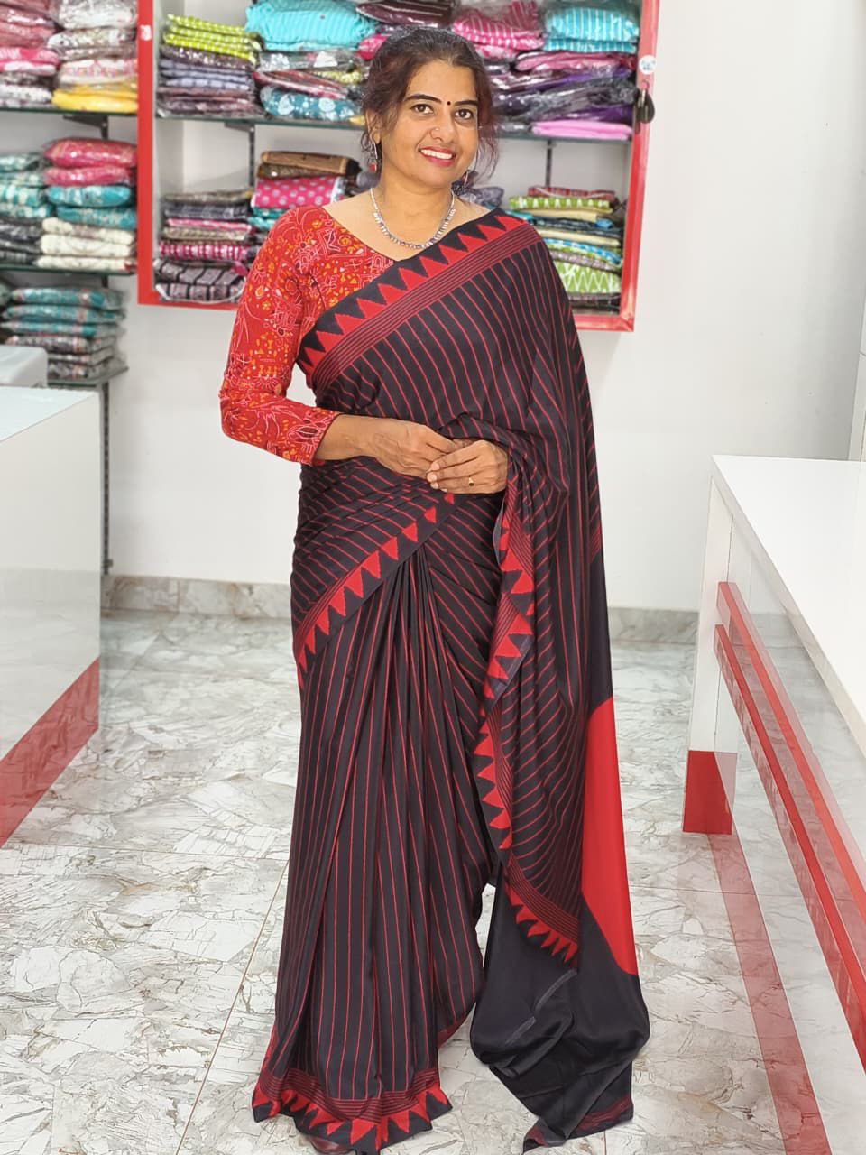Crepe Silk Saree Red and Black