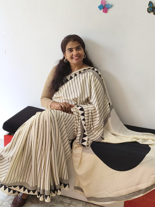 Crepe Silk Saree Cream and Black