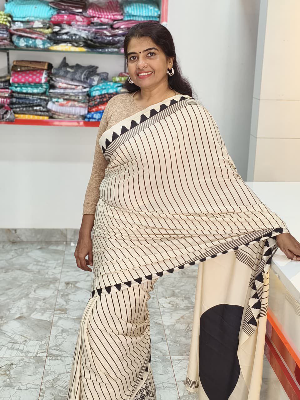 Crepe Silk Saree Cream and Black