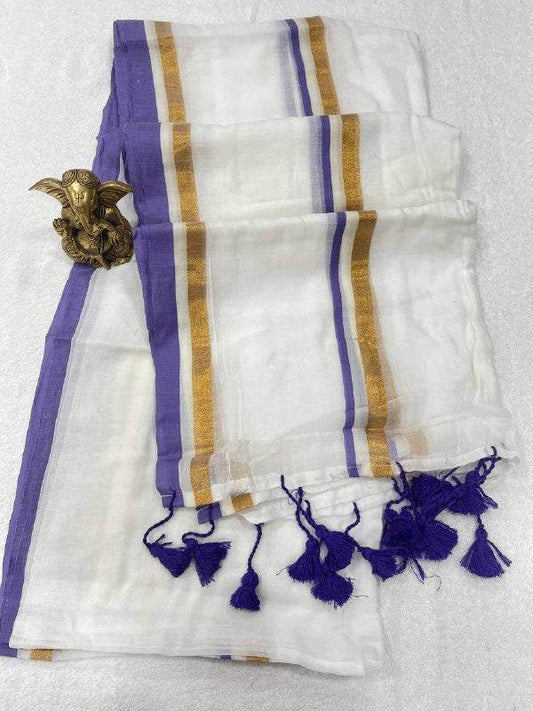 Mul Cotton Onam Saree – Lavender with Kasav Border & Tassels