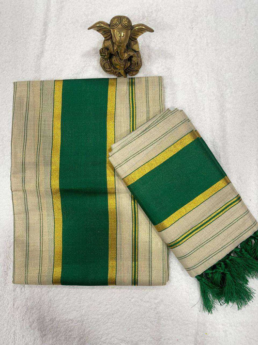 Tissue Set Mund with Green and Kasav Border – Kerala Traditional Festive Elegance