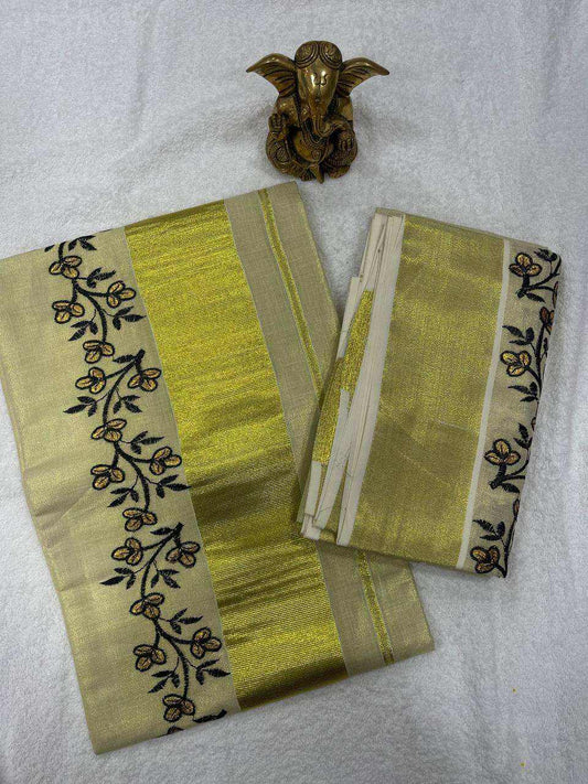 Tissue Set Mund with Flower Embroidery Design and Kasav Border – Kerala Festive Charm
