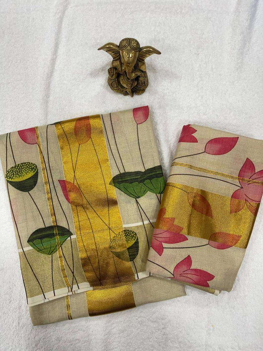 Tissue Set Mund with Floral Lotus Design and Kasav Border – Kerala Festive Grace