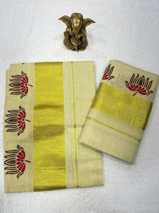Tissue Set Mund with Lotus Design and Kasav Border – Kerala Traditional Elegance