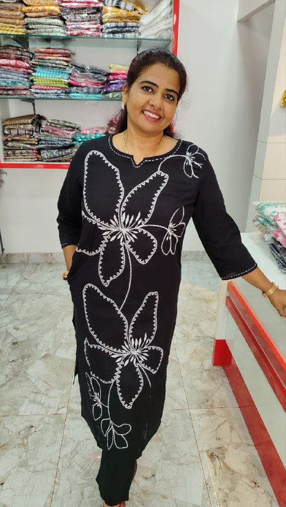 Buy Online Black Rayon Kurthi Set with Embroidery Works – Elegant & Versatile Outfit