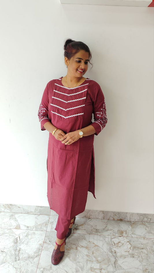 Buy Online Maroon Cotton 60x60 Kurthi Set with Embroidery Works