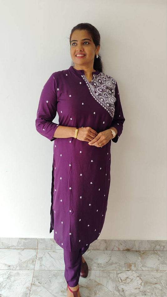 Wine Red Rayon Kurthi Set with Embroidery Buy Online