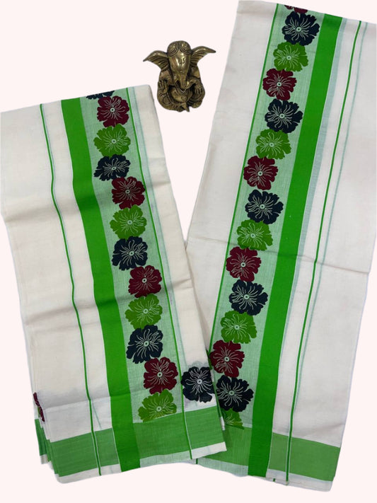 Cotton set mund with flowers design and green stripes