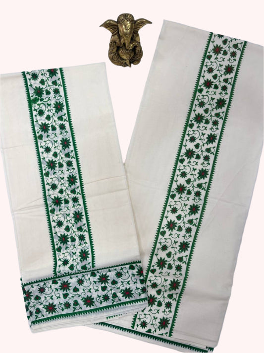 Cotton set mund with green and red floral patterns