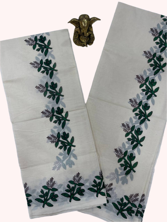 Cotton set mund with green thulasi designs