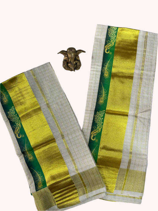 Cotton set mund with peacock design in kasav with check
