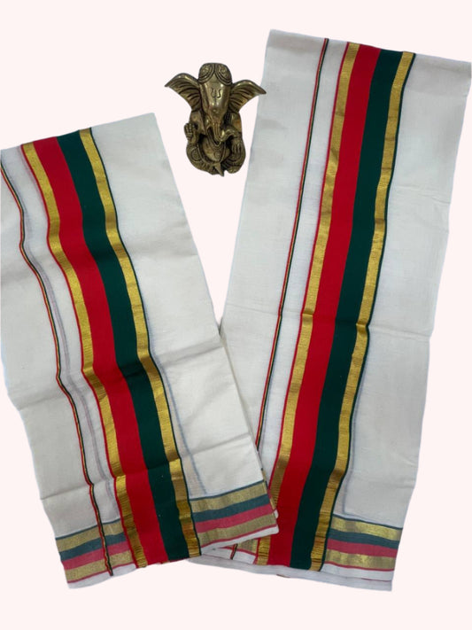 Cotton set mund with red, green, and gold stripes 