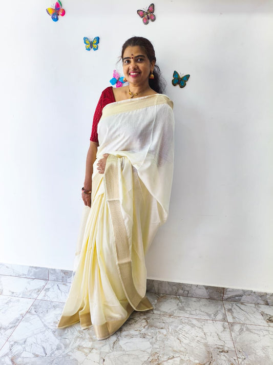 Plain Cream Colour Semi Silk Saree