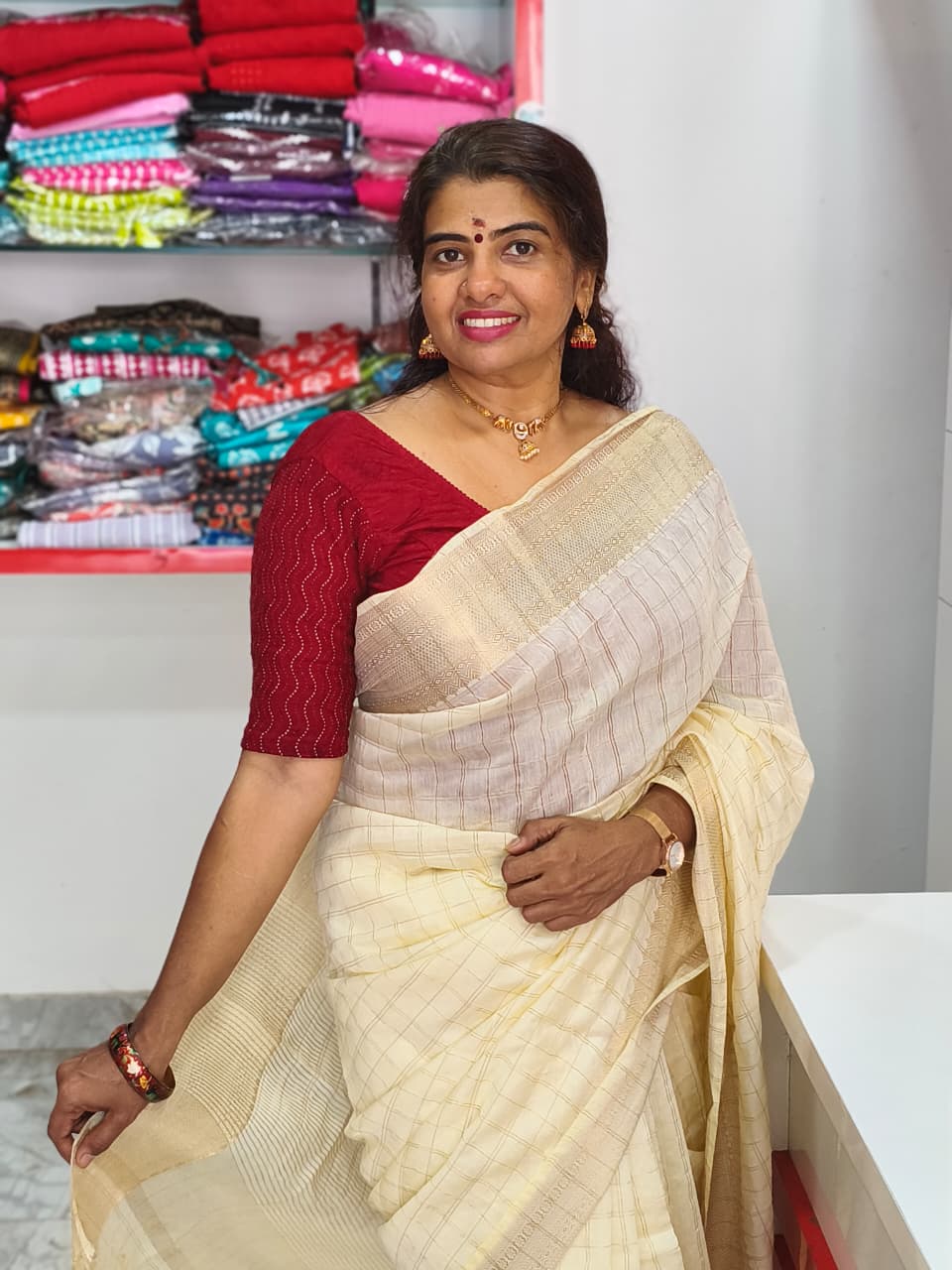 Cream Colour Semi Silk Saree